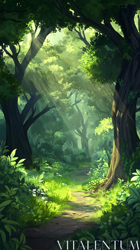 Ancient Forest Canopy with Luminous Foliage and Atmospheric Light Ray Simulation
