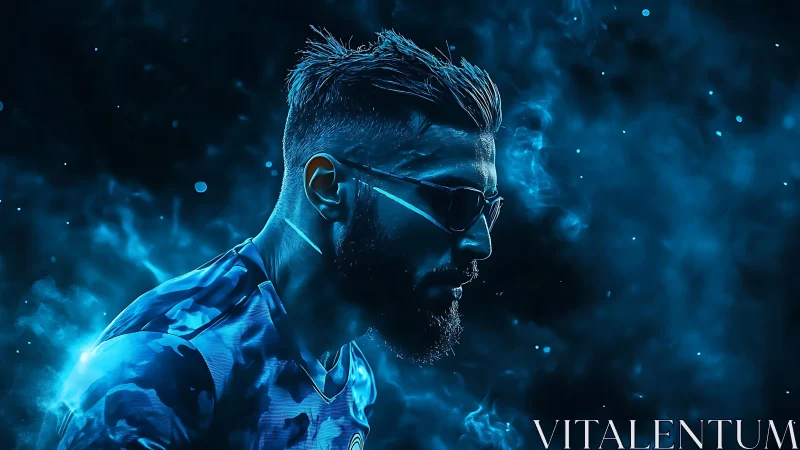 Stylized male athlete in blue neon smoke profile view.