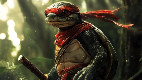 Anthropomorphic turtle warrior with red bandana in forest.