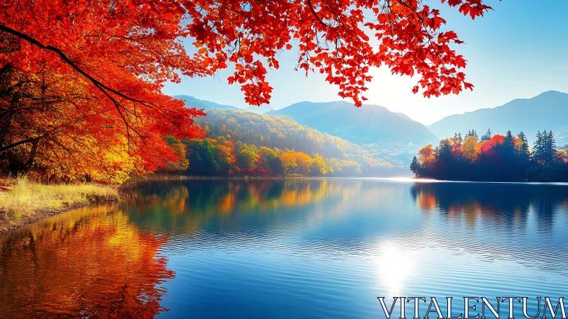Vibrant autumn lake with red foliage and distant mountains.