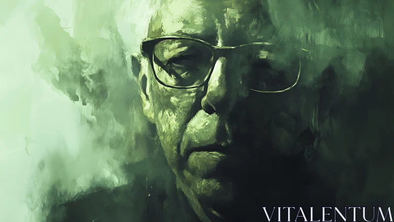 Elderly male portrait in green monochrome digital abstraction.