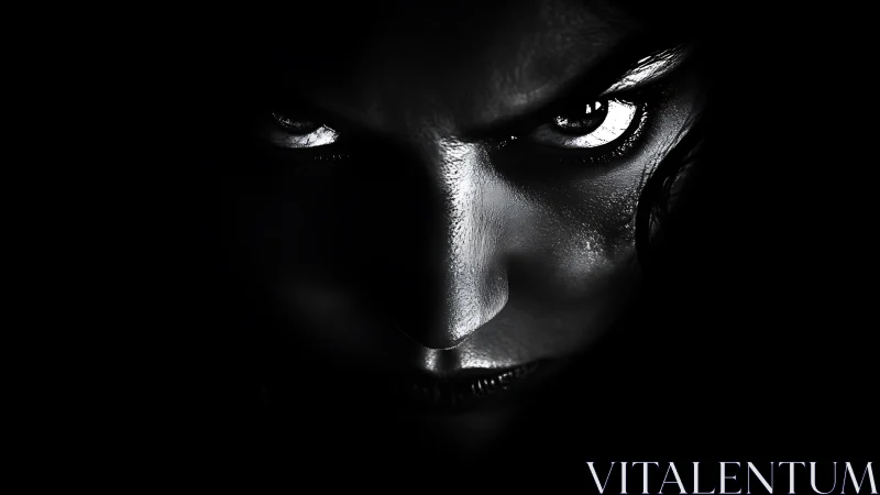 Monochrome intense face in extreme low key lighting study.