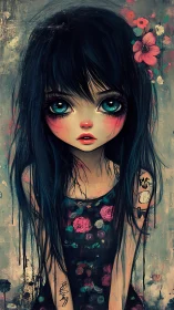 Brooding big-eyed girl in floral dress with inky backdrop.