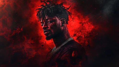 Portrait in crimson smoke with high-contrast lighting and ink.