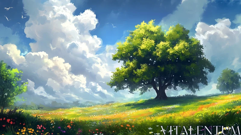 Sunny meadow daydream with a gentle tree under bright skies.