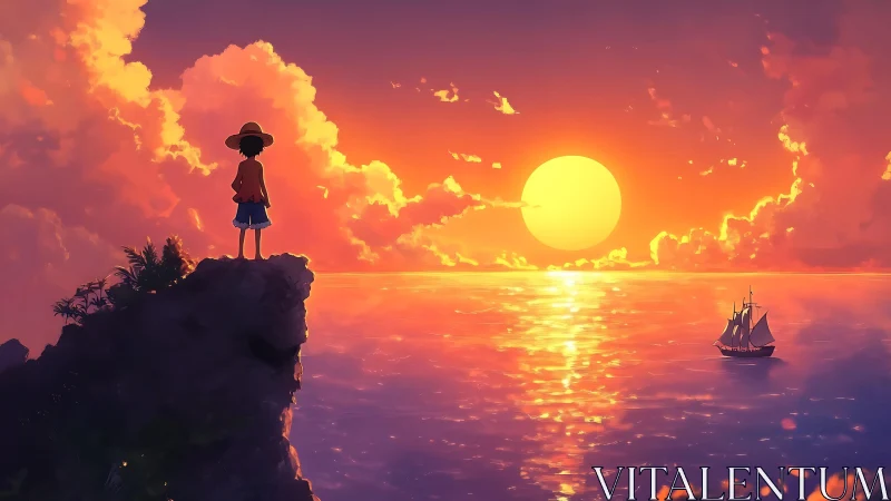 Silhouette child on cliff observes ship crossing vivid sunset sea