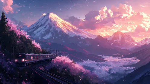Sunset mountain railway under glowing cherry blossoms.