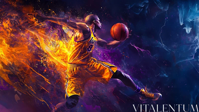 Basketball star explodes through neon fire and cosmic night