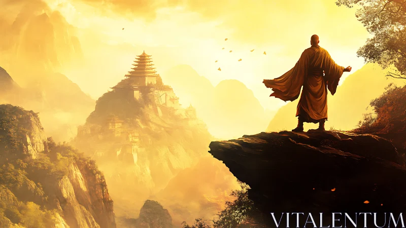 Monk overlooking luminous mountain temple at sunrise.