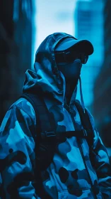 Midnight city wanderer wrapped in electric blue calm.