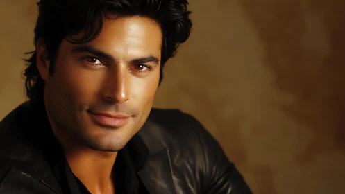 Male subject portrait in warm studio lighting, close view.