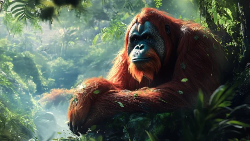 Hyperreal Bornean orangutan resting in lush rainforest canopy