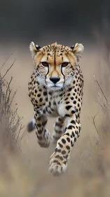 Cheetah sprinting through blurred savanna grassland habitat.