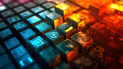 Futuristic Digital Cubes in Neon Blue and Orange Abstract Style.