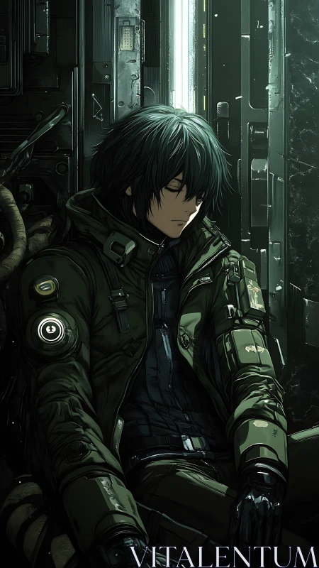 Resting spacefarer in dim cyberpunk corridor glow.