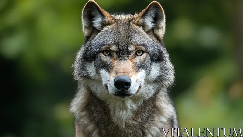 Calm woodland wolf meets the viewer with steady golden eyes