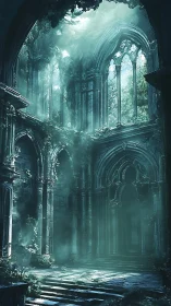 Volumetric light in overgrown gothic ruin atrium interior.