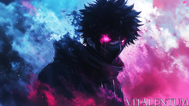 Masked anime figure in pink and blue vaporous cloud field.