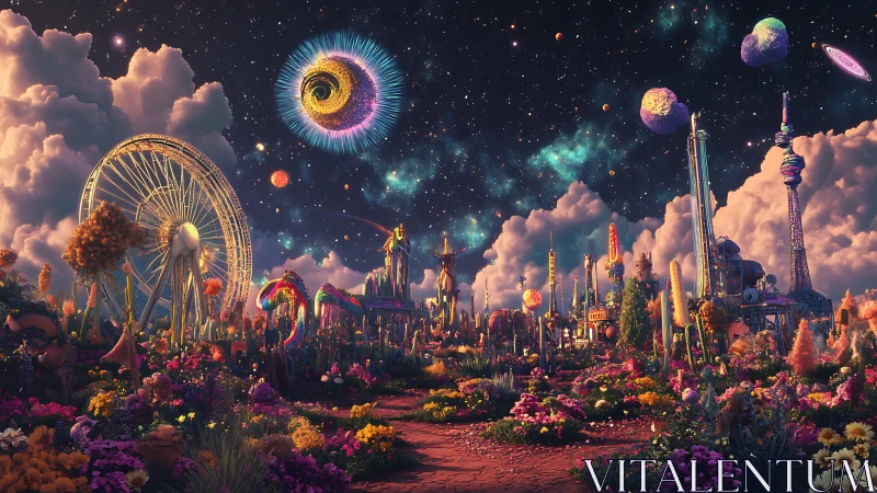 Surreal cosmic amusement park amid lush alien garden.