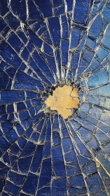 Radial fracture pattern on blue glass surface, macro study.
