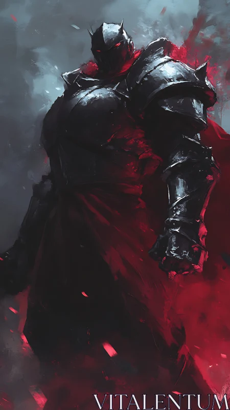 Armored dark knight stands in red mist and heavy shadow