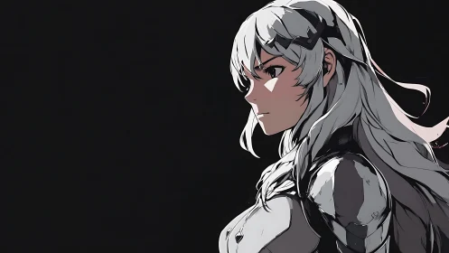 Calm silver haired warrior gazing ahead with quiet resolve.