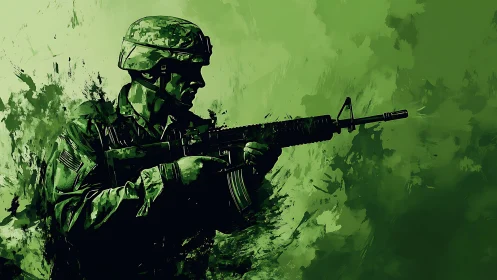 Soldier silhouette with rifle in monochrome green field.