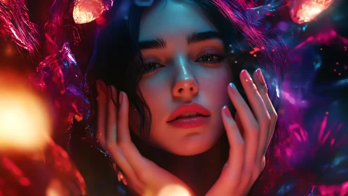 Hyperreal portrait under neon rim lighting with refractive shards