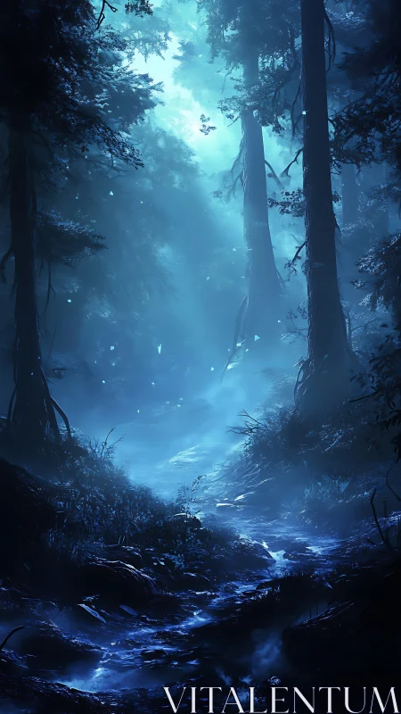 Ethereal Forest Canyon with Luminous Mist and Towering Conifers