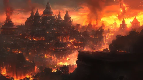 Apocalyptic Inferno: Burning Metropolitan Fortress in Ruins.