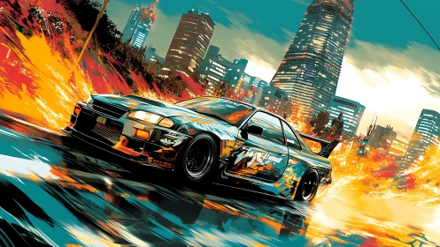 Street drift car powers through neon city at high speed