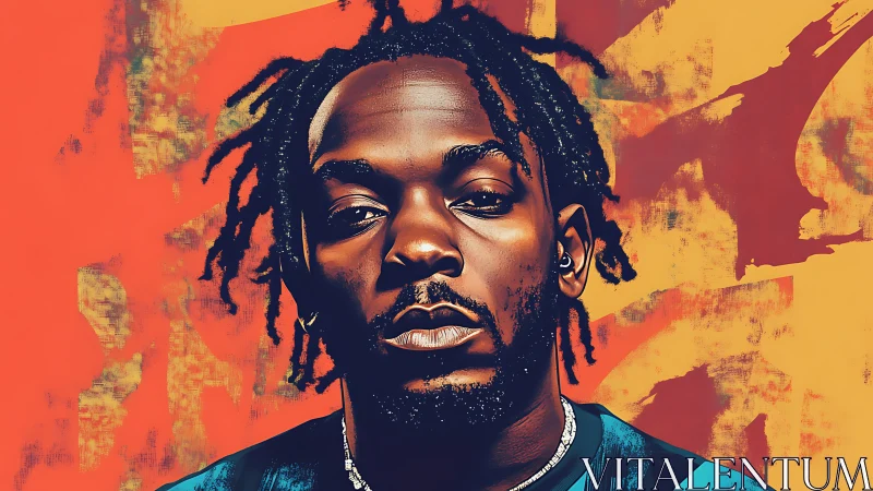 Brooding portrait with bold orange and yellow abstractions.