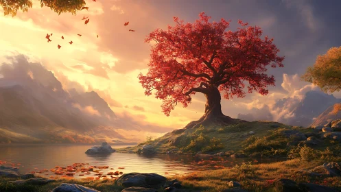 Scarlet dreamtree guarding a golden lake at autumn dusk.