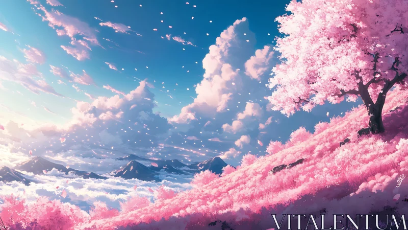 Blossoming cherry hillside meets radiant cloud ocean sky.