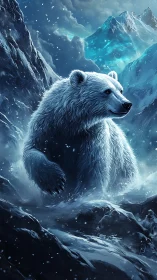 Majestic white bear strides calmly through icy mountain storm