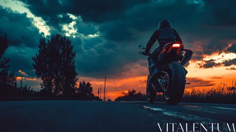Sportbike rider silhouettes against vivid sunset horizon.