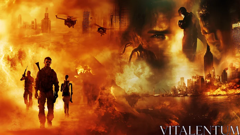Apocalyptic urban battlefield with soldiers, helicopters and burning skyline