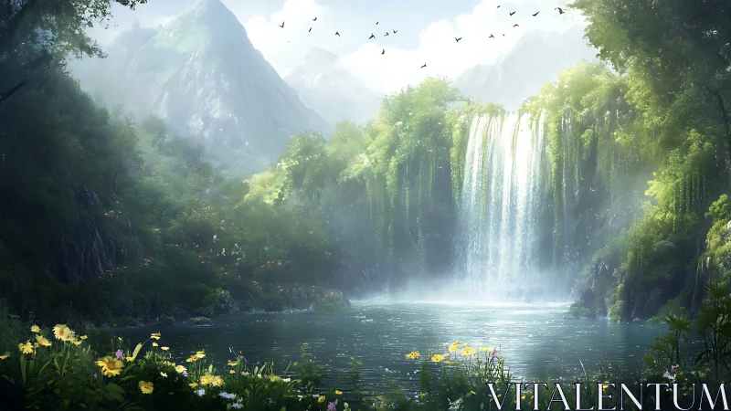 Mountain valley lake with wide waterfall and dense foliage.