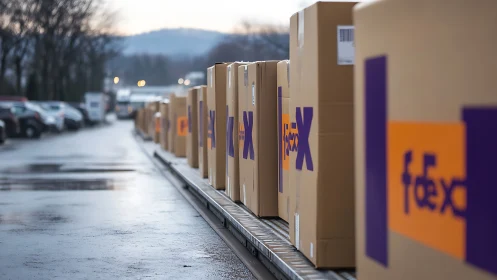 Long conveyor of labeled shipping cartons aligned on wet loading dock