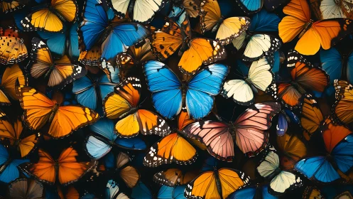 Dense macro cluster of multicolored butterfly wings in focus