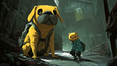 Masked companions pause in a moody, dystopian alleyway