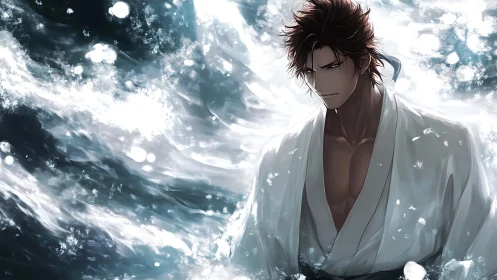 Male anime warrior stands amid swirling abstract water light