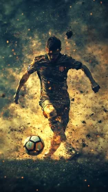 Explosive soccer striker in motion amid fiery particle storm.