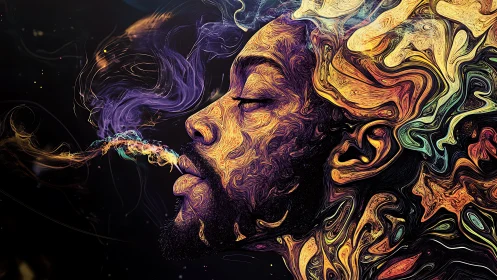 Side profile portrait merges with swirling neon smoke