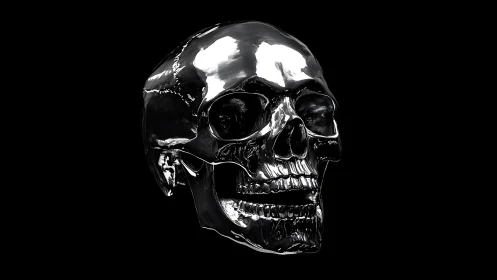 Chrome human skull render on solid black background.
