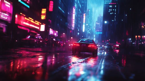 Neon sedan reflects city lights on rain-soaked night avenue.