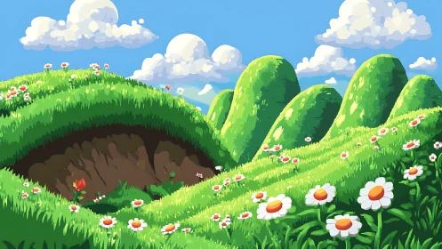 Sunlit daisy hills cradle a secret hollow of gentle wonder.