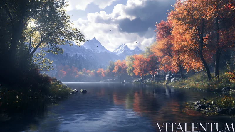 Calm mountain lake bordered by vivid autumn forest.