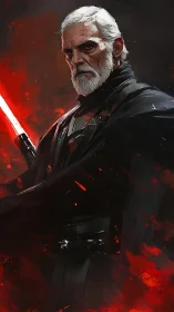 Grim elder warlord wielding crimson energy blade in fire.