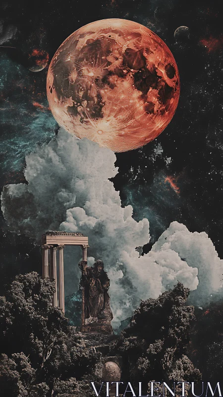 Blood moon crowns forgotten temple in stormy cosmic dusk